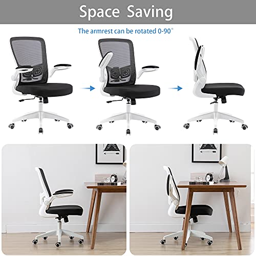 HOMIDEC Silla de Oficina Ergonómica de Escritorio con Soporte Lumbar Ajustable, Altura Regulable, con Reposabrazos Plegables, hasta 150 kg Blanco