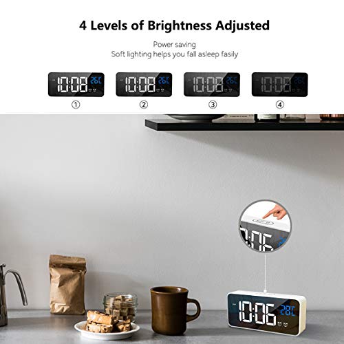 HOMVILLA Reloj Despertador Digital con Pantalla LED de Temperatura, Alarma de Espejo Portátil con Alarma Doble Tiempo de Repetición 4 Niveles de Brillo Regulable 13 Música Despertadores Digitales