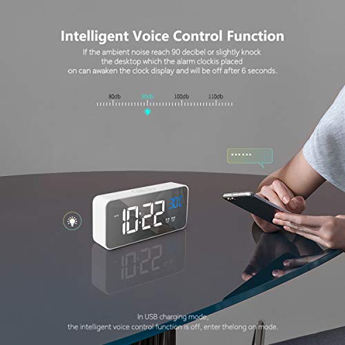 HOMVILLA Reloj Despertador Digital con Pantalla LED de Temperatura, Alarma de Espejo Portátil con Alarma Doble Tiempo de Repetición 4 Niveles de Brillo Regulable 13 Música Despertadores Digitales