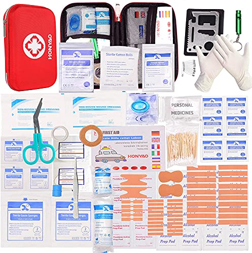 HONYAO Botiquín de Primeros Auxilios de 200 piezas, Mini Kit de Supervivencia Bolsa Médico de Emergencia Completo para Coche Barco El Hogar Lugar Trabajo Mochila y Acampar Senderismo Viaje