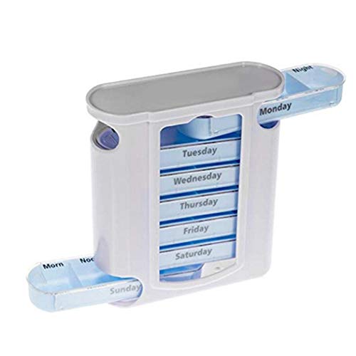 Hoshen cajón azul transparente tipo pastillero de 1 semana, 4 recordatorios al día, pastillero con 28 compartimentos, apto para llevar medicamentos, vitaminas y suplementos de aceite de pescado