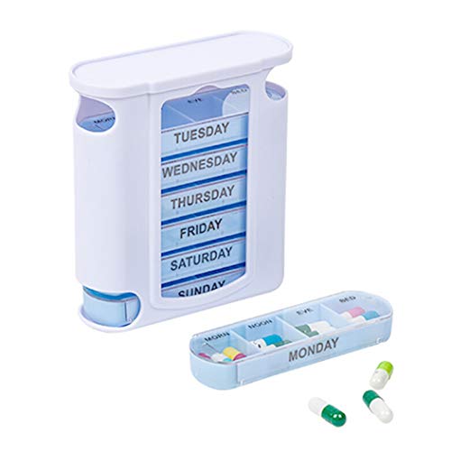 Hoshen cajón azul transparente tipo pastillero de 1 semana, 4 recordatorios al día, pastillero con 28 compartimentos, apto para llevar medicamentos, vitaminas y suplementos de aceite de pescado