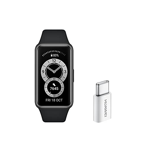 Huawei Band 6 - Pulsera de actividad con monitorización de Oxígeno en sangre (SpO2) 24horas y Adaptador USB-C, Pantalla FullView de 1.47 pulgadas, Batería para dos semanas, Negro