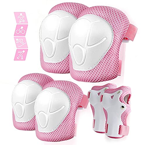 HUGEE Kits de Protección para Rodilleras Niños - 6 en 1 de Rodilleras para Protectores Rodilleras Codos Muñecas,Equipo de Seguridad para Niños,Almohadilla de Protección para Patines (Rosa)