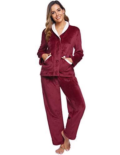 iClosam Pijama Mujer Invierno Franela Largo Dos Piezas,Botones Ropa de Dormir Casual Ropa de Casa Cálido Cómodo S-XXL