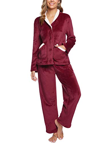 iClosam Pijama Mujer Invierno Franela Largo Dos Piezas,Botones Ropa de Dormir Casual Ropa de Casa Cálido Cómodo S-XXL