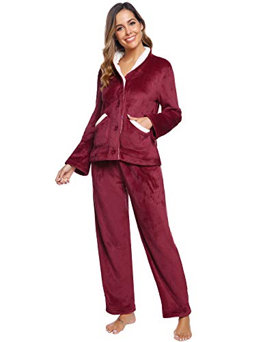 iClosam Pijama Mujer Invierno Franela Largo Dos Piezas,Botones Ropa de Dormir Casual Ropa de Casa Cálido Cómodo S-XXL