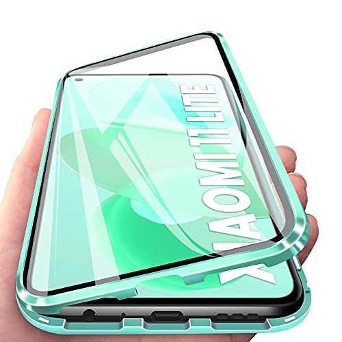 IEMY Funda para Xiaomi Mi 11 Lite Adsorcion Magnetica 360 Grados Protección Carcasa Cristal Transparente Templado Metal Flip Cover, Verde