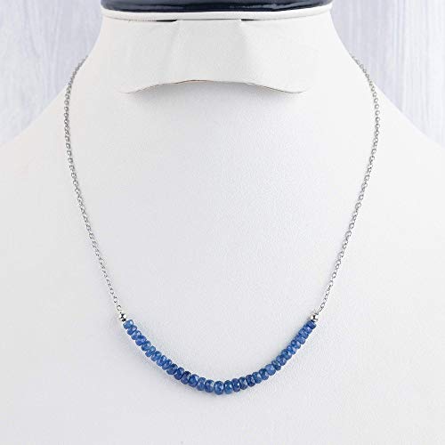 InfinityGemsArt Burmese Blue Sapphire, Dainty Bar Necklaces Jewelry for Women, Natural Gemstone Beads, Birthstone, Energy Healing Crystals, Rhodium Plated 925 Sterling Silver Chain 18 inch