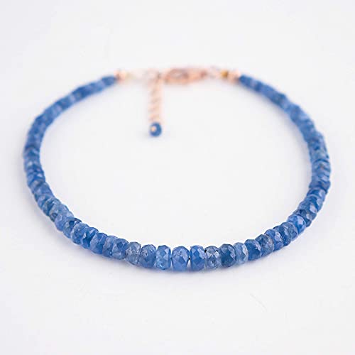 InfinityGemsArt Natural Burmese Blue Sapphire Gemstone Full Beads Dainty Bracelet Jewelry for her, Birthstone, Energy Healing Crystals, 14K Rose Gold Plated 925 Sterling Silver Chain 8 inch