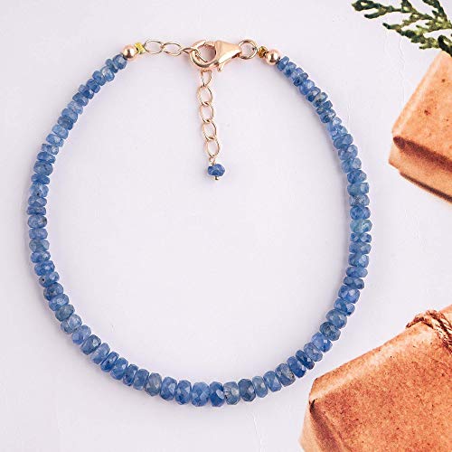 InfinityGemsArt Natural Burmese Blue Sapphire Gemstone Full Beads Dainty Bracelet Jewelry for her, Birthstone, Energy Healing Crystals, 14K Rose Gold Plated 925 Sterling Silver Chain 8 inch