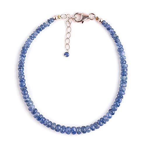 InfinityGemsArt Natural Burmese Blue Sapphire Gemstone Full Beads Dainty Bracelet Jewelry for her, Birthstone, Energy Healing Crystals, 14K Rose Gold Plated 925 Sterling Silver Chain 8 inch