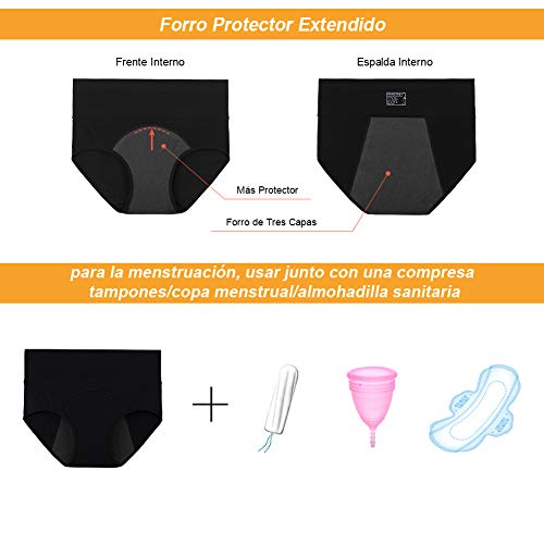 INNERSY Mujeres Bragas Período Menstruales de Cintura Alta de Algodón Protección Ropa Interior Pack de 3(M-EU 40, 3 Negro)