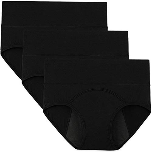 INNERSY Mujeres Bragas Período Menstruales de Cintura Alta de Algodón Protección Ropa Interior Pack de 3(M-EU 40, 3 Negro)