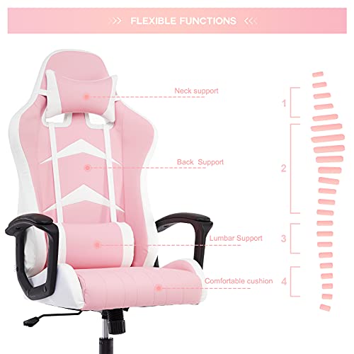 IntimaTe WM Heart Silla Gaming con Respaldo Alto Cojín Lumbar & Cabeza Almohada, Altura Ajustable 360° Giratorio y Reposabrazos Fijos, Rosado