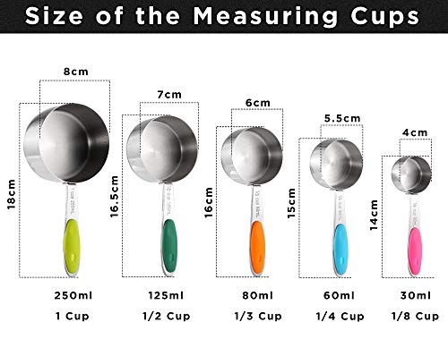 Ipow Juego de 5 Cucharas Medidoras de Acero Inoxidable, Taza de Medición con Manilla Silicona para Cocina y Hogar