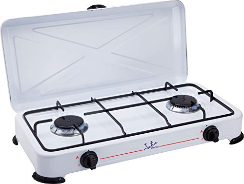 Jata CC705 Cocina de Gas para Camping con 2 Quemadores Con Tapa y Parrilla Apta para Todo Tipo de Gas Licuado