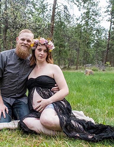 JENJON Mujer Embarazada Encaje Vestido de Fiesta Largos con Aberturas,Premamá Faldas Fotografía,Foto Shoot Dress de Maternidad Negro XL