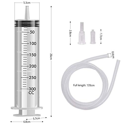 Jeringa Grande, 300ml Jeringa de Plástico Jeringa Dosificadora con Manguera de PVC de 1.35m