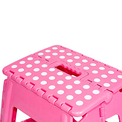 JeVx Taburete Plegable Multiuso Antideslizante, Peldaño de 45 cm de Altura para Adultos y niños, Color Rosa, Tamaño XXL, Soporta hasta 130 Kilos, Asa de Transporte, Medidas 45 x 40 x 34, Baño Cocina