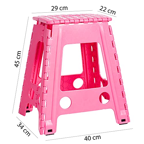 JeVx Taburete Plegable Multiuso Antideslizante, Peldaño de 45 cm de Altura para Adultos y niños, Color Rosa, Tamaño XXL, Soporta hasta 130 Kilos, Asa de Transporte, Medidas 45 x 40 x 34, Baño Cocina