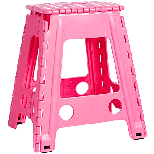 JeVx Taburete Plegable Multiuso Antideslizante, Peldaño de 45 cm de Altura para Adultos y niños, Color Rosa, Tamaño XXL, Soporta hasta 130 Kilos, Asa de Transporte, Medidas 45 x 40 x 34, Baño Cocina