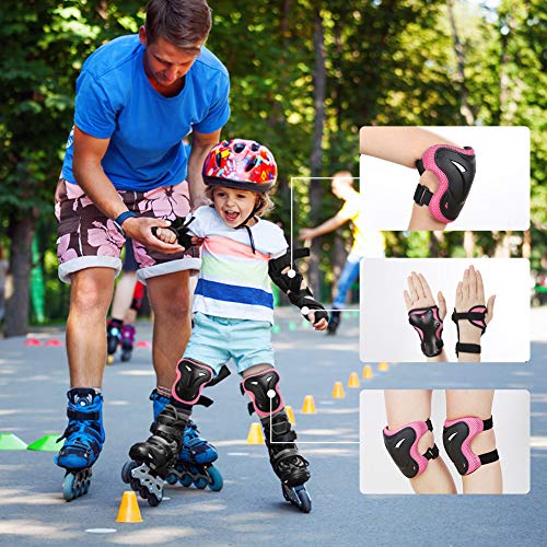 Jim’S Store Protecciones Patines Infantil,Set de Rodilleras Coderas y Muñequeras Adecuado para Bicicleta Patinaje Ciclismo Monopatín y Deportes Extremos(Rosa)