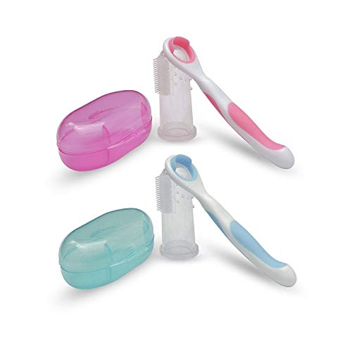 Juego de 2 limpiadores de lengua para bebés con cepillo de dientes de dedo completo para bebés (color rosa y azul) | Rascador de lengua suave para bebés | Cuidado oral delicado para bebés