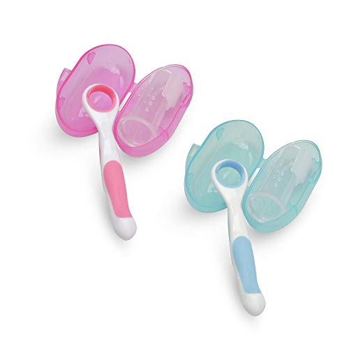 Juego de 2 limpiadores de lengua para bebés con cepillo de dientes de dedo completo para bebés (color rosa y azul) | Rascador de lengua suave para bebés | Cuidado oral delicado para bebés