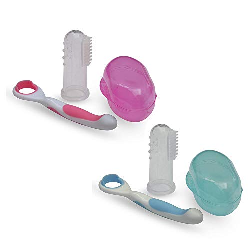 Juego de 2 limpiadores de lengua para bebés con cepillo de dientes de dedo completo para bebés (color rosa y azul) | Rascador de lengua suave para bebés | Cuidado oral delicado para bebés