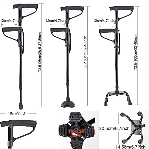 JW-YZWJ Cane Quad de Servicio Pesado, bastón de Cuatro Patas para una Estabilidad Adicional con luz LED, muletas para Caminar con 3 Base