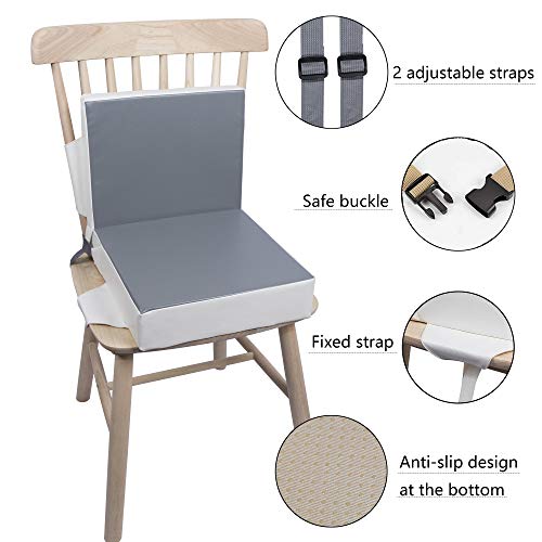 Kalawen - Elevador de asiento infantil, 2 piezas, cojín de asiento para niños de poliuretano lavable, portátil, elevador con correas, para niños de más de dos años, color gris