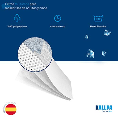 KALLPA® 50 filtros para mascarillas UNE0065 - REUTILIZABLES - fabricados en ESPAÑA - hidrófobo, antiestático y antibacteriano, muy transpirable, (TNT) (tnt)