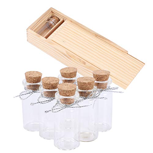 KINDPMA Botella de Mensaje 6 Piezas Mini Botellas de Cristal con Caja de Madera Botellas de Deseo para Bricolaje y Artes Decorativas Tamaño 2.2 x 4.5cm Cordón Plateado Atado