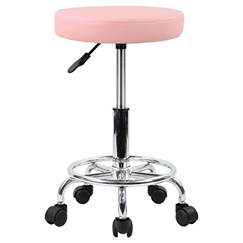 KKTONER Taburete Redondo de Cuero PU reposapiés Ajuste de Altura Giratorio Medical SPA salón taburetes de Masaje Silla de Trabajo Color Rosa