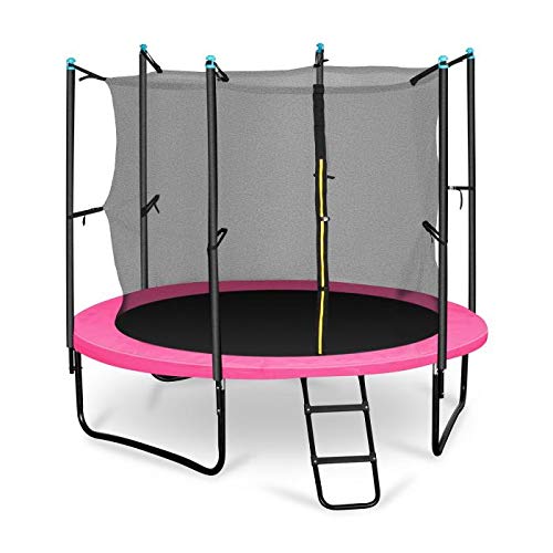 Klarfit Rocketboy - Cama elástica con Red de Seguridad, Superficie Base 250 cm diámetro, Carga máx. 150 kg, Sujeción 3 Patas Doble, Varillas de sujeción Acolchadas, Lona Resistente Rayos UV, Rosa