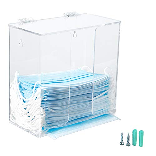 KOEMEHR Dispensador de mascarillas Soporte de caja de acrílico para guantes con tapa, Contenedor de almacenamiento de montaje en encimera / pared para máscaras, guantes, servilleta, transparente