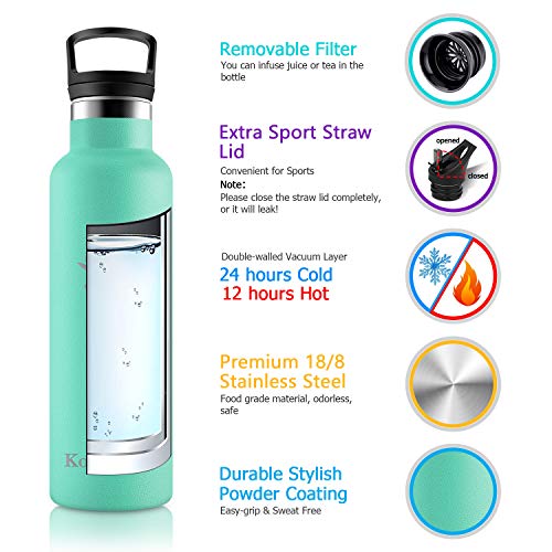 KollyKolla Botella de Agua Acero Inoxidable, Termo Sin BPA Ecológica Reutilizable, Botella Termica con Pajita y Filtro, Water Bottle para Niños & Adultos, Deporte, Oficina (600ml Macaron Verde)