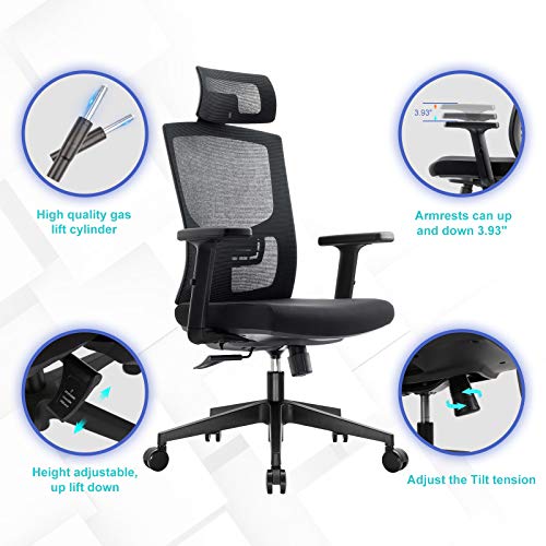 KOMENE Silla Ergonómica Oficina y Silla Ajustable de Malla con Respaldo Alto, Silla Escritorio para Computadora con Reposacabezas y Soporte Lumbar para el Hogar y la Oficina (Negro)