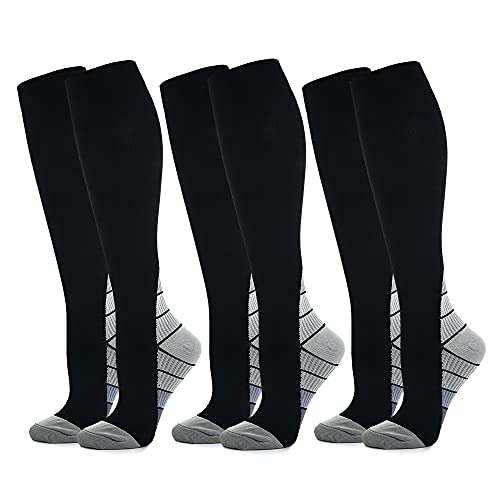 Kuzimua 3 Pares Calcetines/ Medias de Compresión para Hombres y Mujeres, Running, Deporte, Correr, Senderismo, Volar, Viajar, Varicosas, Embarazo y Médicos (Gris, l)