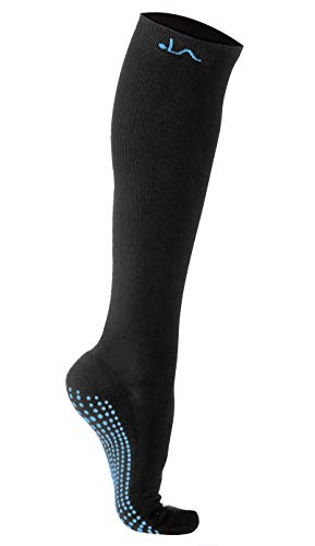 LA Active Calcetines de Compresión Antideslizantes Compressport - 15-20mmHg - Alto de Rodilla Medias Deportivos Hombre y Mujer - Avion, Hospital, Embarazos (Negro y Azul, 37-41 EU)