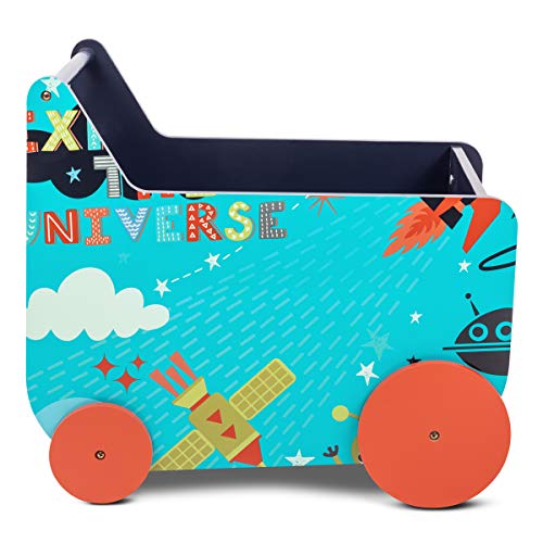 Lalaloom SPACE WAGON - Andador para bebe de madera natural con ruedas (carrito multifuncional infantil con espacio, almacenaje para juguetes), 50x37.6x45 cm, color Azul