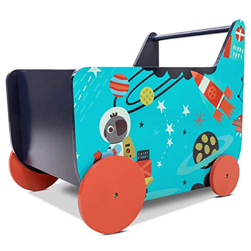 Lalaloom SPACE WAGON - Andador para bebe de madera natural con ruedas (carrito multifuncional infantil con espacio, almacenaje para juguetes), 50x37.6x45 cm, color Azul