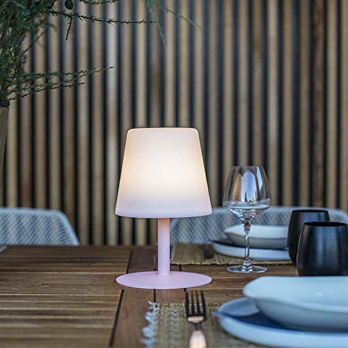 Lámpara de mesa sin cable con base de acero rosa y LED blanco cálido regulable STANDY MINI Candy H25cm