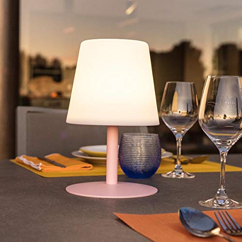 Lámpara de mesa sin cable con base de acero rosa y LED blanco cálido regulable STANDY MINI Candy H25cm