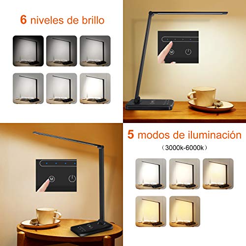 Lámpara Escritorio LED con Cargador Inalámbrico, Flexo LED Escritorio Regulable con Puerto de Carga USB, 5 Modos, 6 Niveles de Brillo, control táctil, Temporizador Automático 30 / 60min