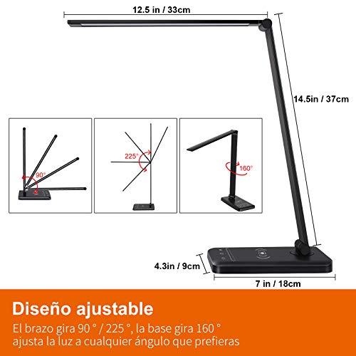 Lámpara Escritorio LED con Cargador Inalámbrico, Flexo LED Escritorio Regulable con Puerto de Carga USB, 5 Modos, 6 Niveles de Brillo, control táctil, Temporizador Automático 30 / 60min