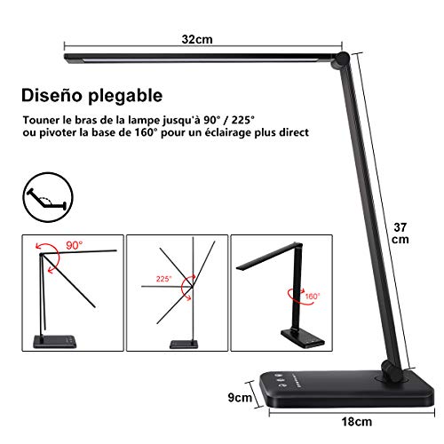 Lámpara Escritorio LED, Flexo de Escritorio, La luz natural protege los ojos, Lampara led Escritorio regulable con puerto de carga USB, 5 Modos, 10 Niveles de Brillo,Temporizador de 30/60min