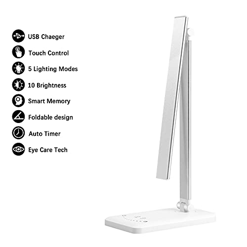 Lámpara Escritorio LED, Flexo de Escritorio para estudiar,La luz natural protege los ojos regulable con puerto de carga USB,5 Modos, 10 Niveles de Brillo Temporizador de 30/60min Función de Memoria