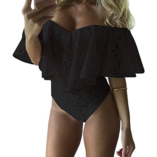 Las Señoras Elegantes del Hombro con Top Ojos Clásico Off Mujer Modelar El Cuerpo del Mono De Encaje Volantes Body Stretch Primeros De La General (Color : Schwarz, One Size : XXL)